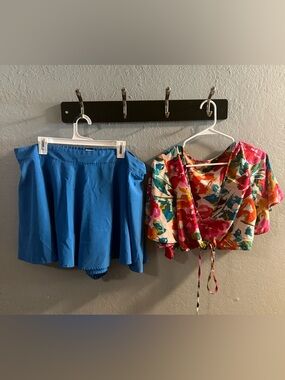 2 piece set- Bright Blue Flowy Shorts & Floral Tie-Front Top